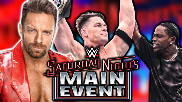 WWE Saturday Night's Main Event logo, LA Knight, John Cena and Travis Scott