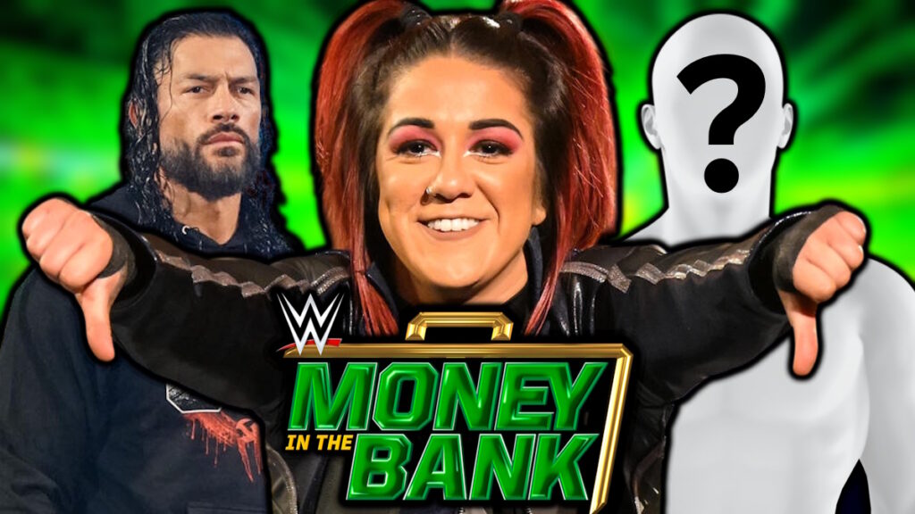 WWE Money in the Bank 2025 logo, Roman Reigns and Bayley
