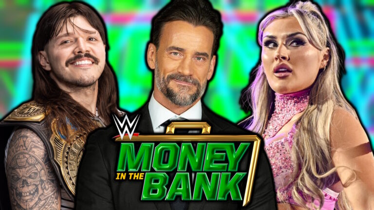 WWE Money in the Bank logo, CM Punk, Dominik Mysterio and Tiffany Stratton