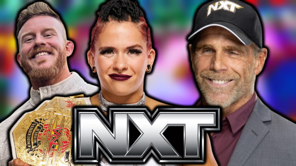 WWE NXT logo, Shawn Michaels, Masha Slamovich and Sean Legacy