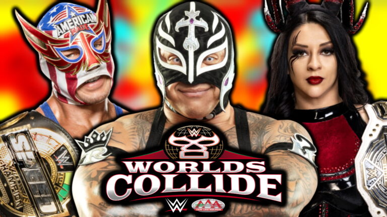 WWE & AAA Worlds Collide logo, Rey Mysterio, El Grande Americano and Stephanie Vaquer