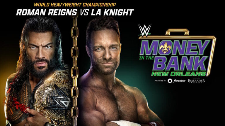 WWE Money in the Bank 2026 poster for Roman Reigns vs. LA Knight