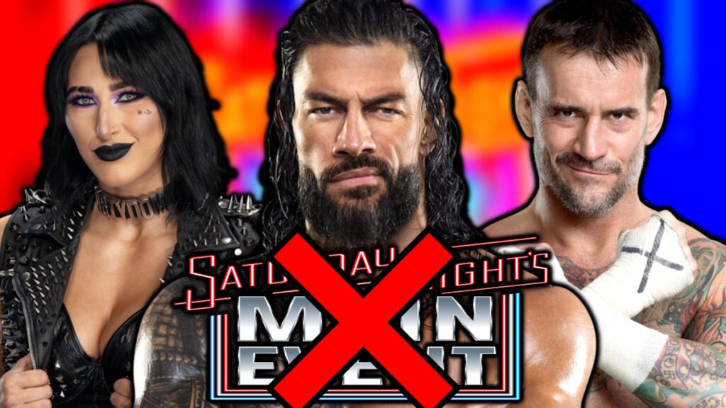 WWE Saturday Night's Main Event logo, Roman Reigns, Rhea Ripley and CM Punk