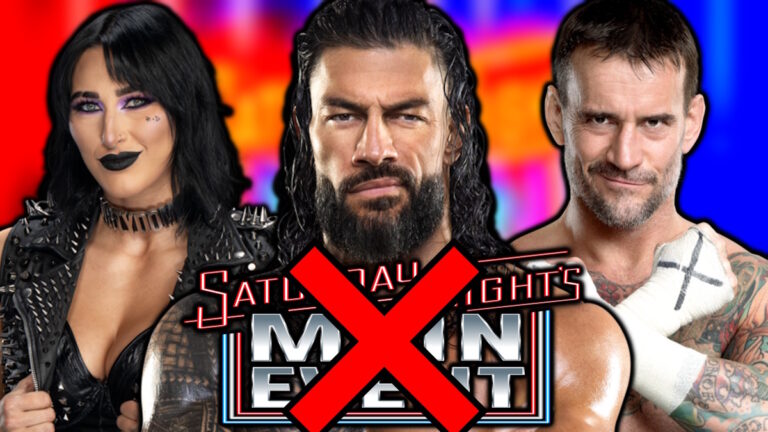 WWE Saturday Night's Main Event logo, Roman Reigns, Rhea Ripley and CM Punk