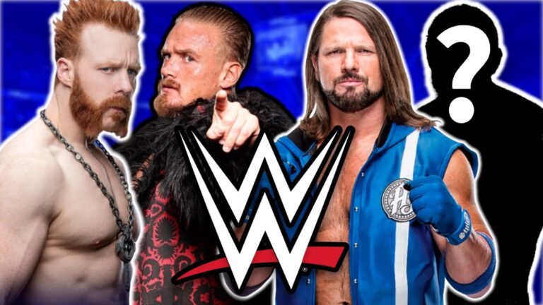 WWE logo, AJ Styles, Ilja Dragunov and Sheamus