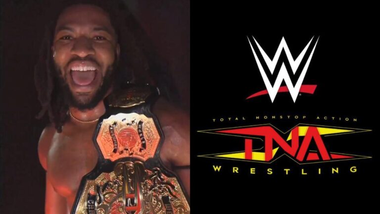 Trick Williams holding the TNA World Championship next to WWE and TNA Wrestling logos