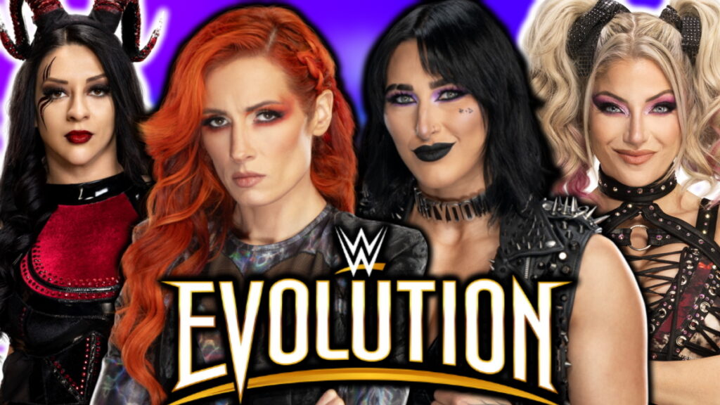 WWE Evolution logo, Becky Lynch, Rhea Ripley, Stephanie Vaquer and Alexa Bliss