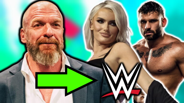 WWE logo, Triple H, Mariah May and Mike D Vecchio