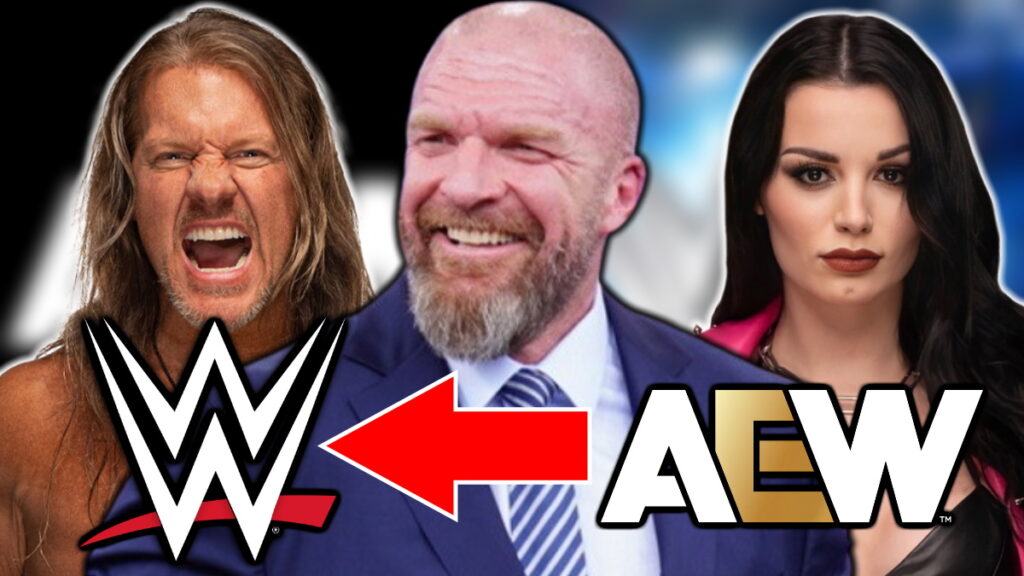 WWE and AEW logos, Triple H, Chris Jericho and Saraya