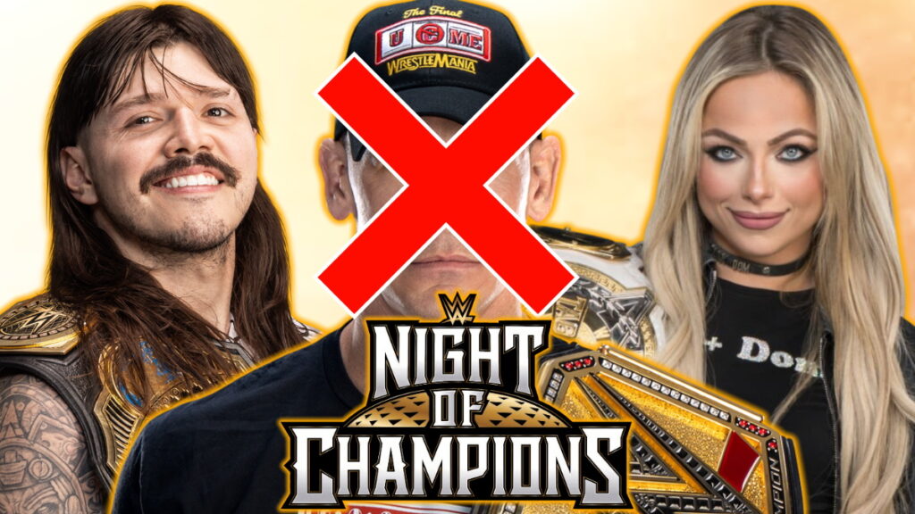 WWE Night of Champions 2025 logo, John Cena, Dominik Mysterio and Liv Morgan