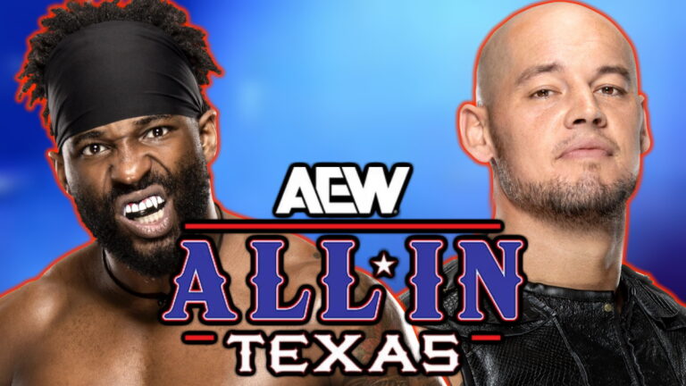 AEW All In Texas logo and former WWE stars Cedric Alexander and Baron Corbin