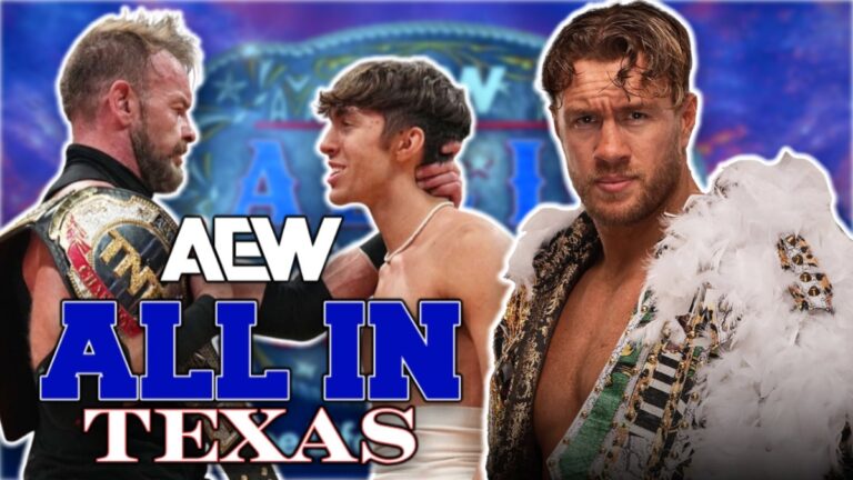 AEW All In Texas logo with Will Ospreay, Christian Cage and Nick Wayne