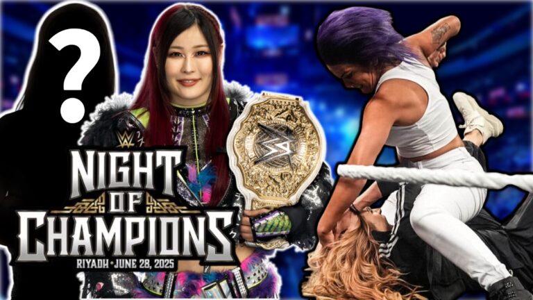 WWE Night of Champions 2025 logo with IYO SKY, Bayley and Becky Lynch