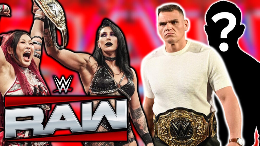 WWE Raw logo, IYO SKY, Rhea Ripley and Gunther