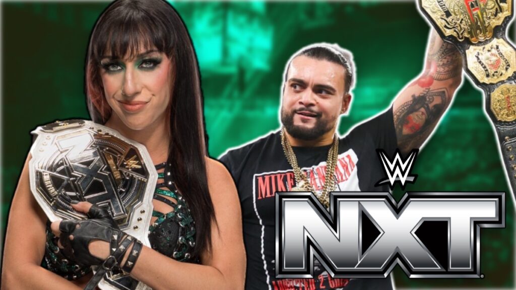 WWE NXT logo with Jacy Jayne and Mike Santana