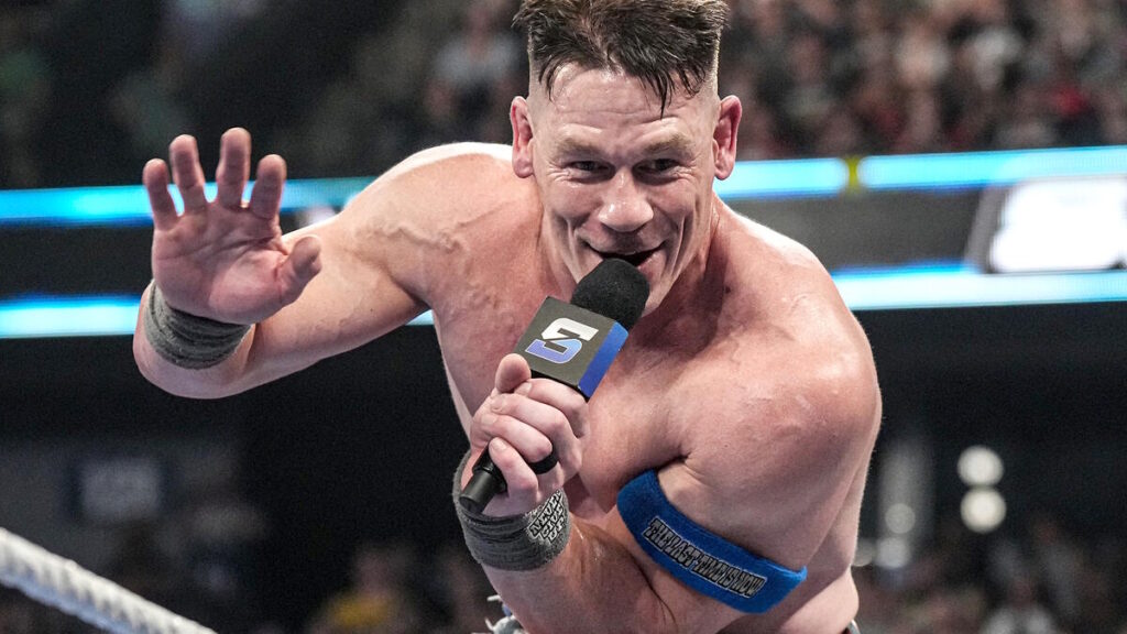 WWE Champion John Cena waving during SmackDown pipe bomb promo