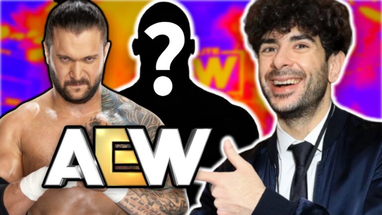 AEW logo with Tony Khan and WWE's Karrion Kross