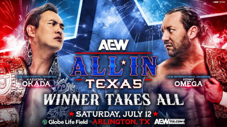 Kazuchika Okada vs. Kenny Omega AEW All In Texas graphic