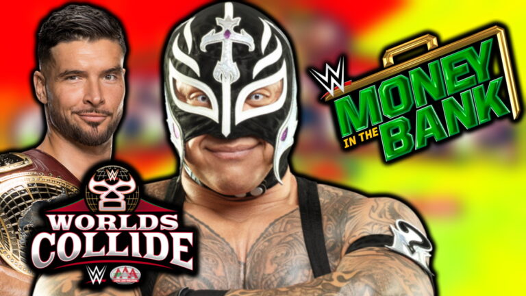WWE Worlds Collide and Money in the Bank logos, Rey Mysterio and Ethan Page