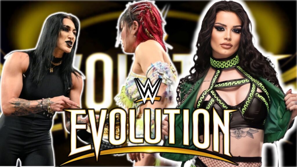 WWE Evolution 2025 logo with Saraya/Paige, IYO SKY and Rhea Ripley