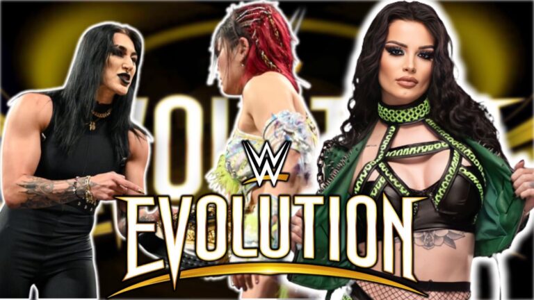 WWE Evolution 2025 logo with Saraya/Paige, IYO SKY and Rhea Ripley