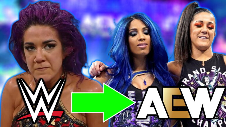 WWE and AEW logos, Bayley and Mercedes Mone