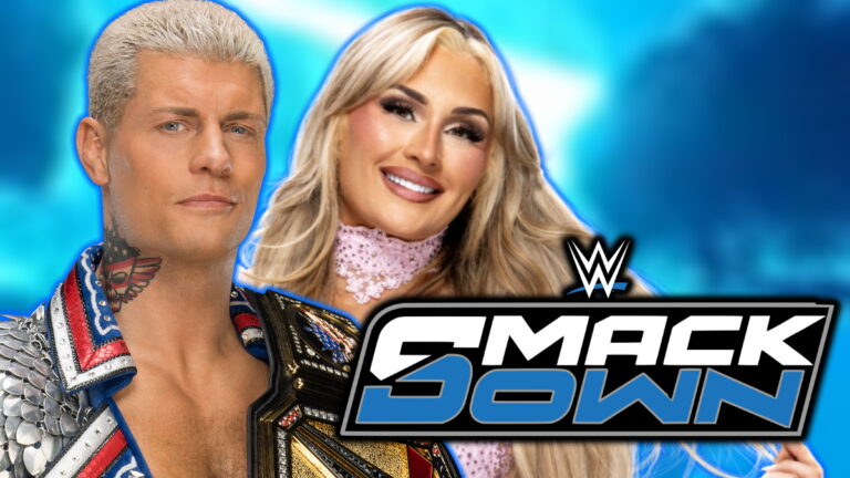 WWE SmackDown logo, Cody Rhodes and Tiffany Stratton