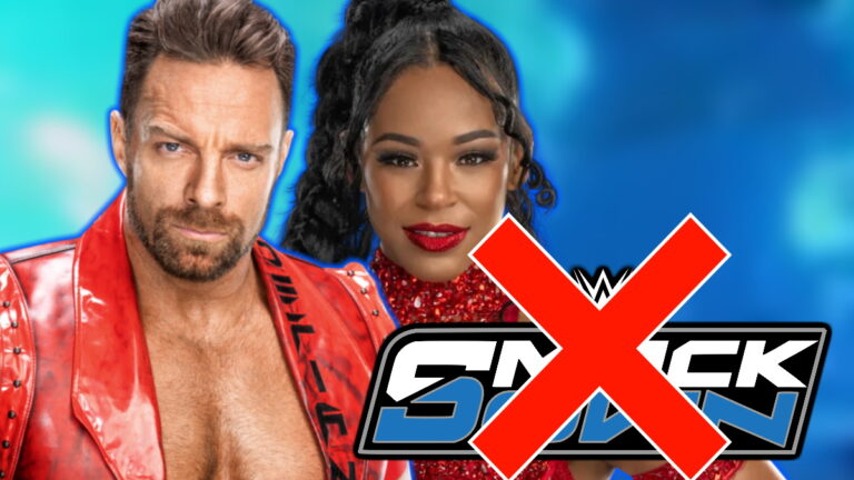 WWE SmackDown logo, LA Knight and Bianca Belair
