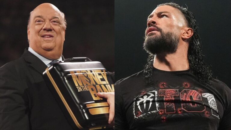 Paul Heyman with the Money in the Bank briefcase next to Roman Reigns on WWE Raw