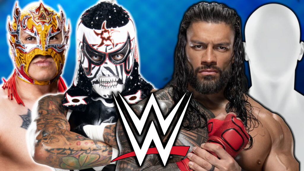 WWE logo, the Lucha Bros and Roman Reigns