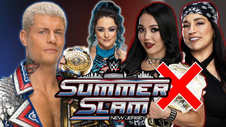WWE SummerSlam logo, Cody Rhodes, Lyra Valkyria, Roxanne Perez and Raquel Rodriguez