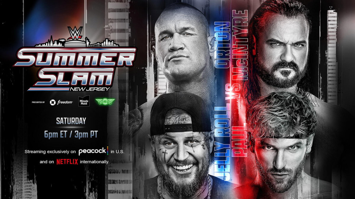 WWE SummerSlam graphic for Randy Orton & Jelly Roll vs. Drew McIntyre & Logan Paul