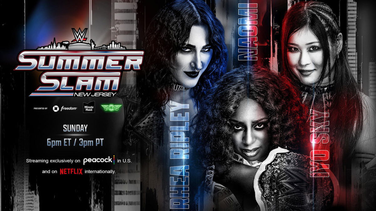 WWE SummerSlam graphic for Naomi vs Rhea Ripley vs IYO SKY