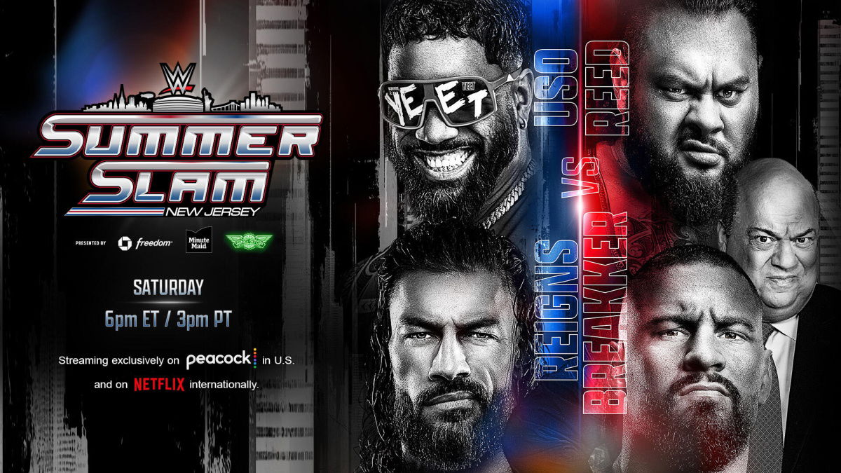WWE SummerSlam graphic for Roman Reigns & Jey Uso vs Bron Breakker & Bronson Reed