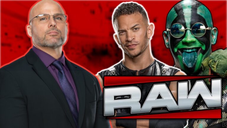 WWE Raw logo with Adam Pearce, Ricky Saints and Mr. Iguana