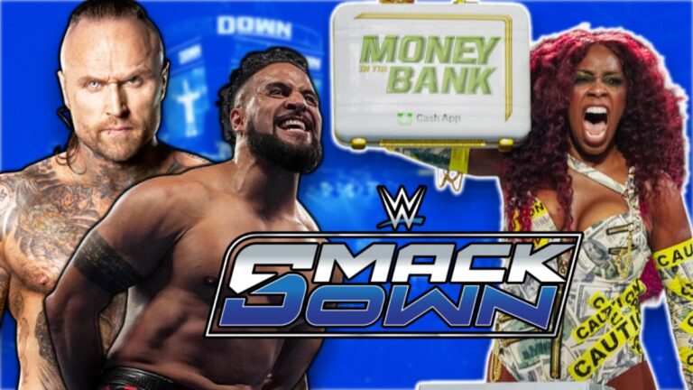WWE SmackDown logo with Naomi, Aleister Black and Tama Tonga