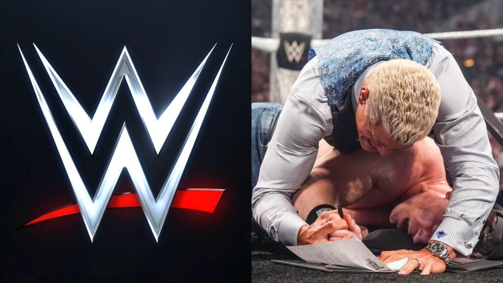 WWE logo, Cody Rhodes and John Cena contract signing