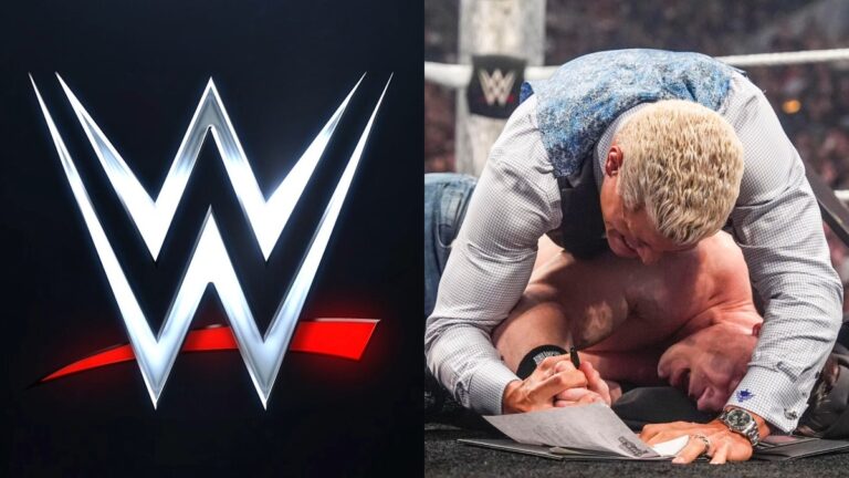 WWE logo, Cody Rhodes and John Cena contract signing
