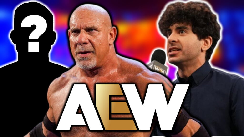 WWE legend Goldberg, Tony Khan and AEW logo