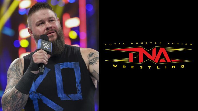 WWE's Kevin Owens next to the TNA Wrestling logo