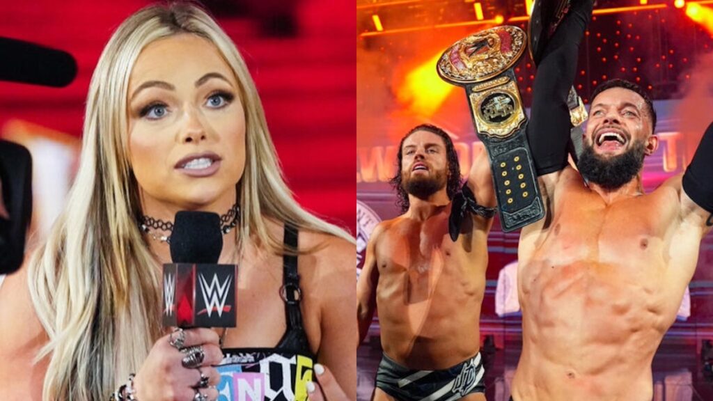 Liv Morgan alongside Finn Balor & JD McDonagh after WWE Raw Tag Title win