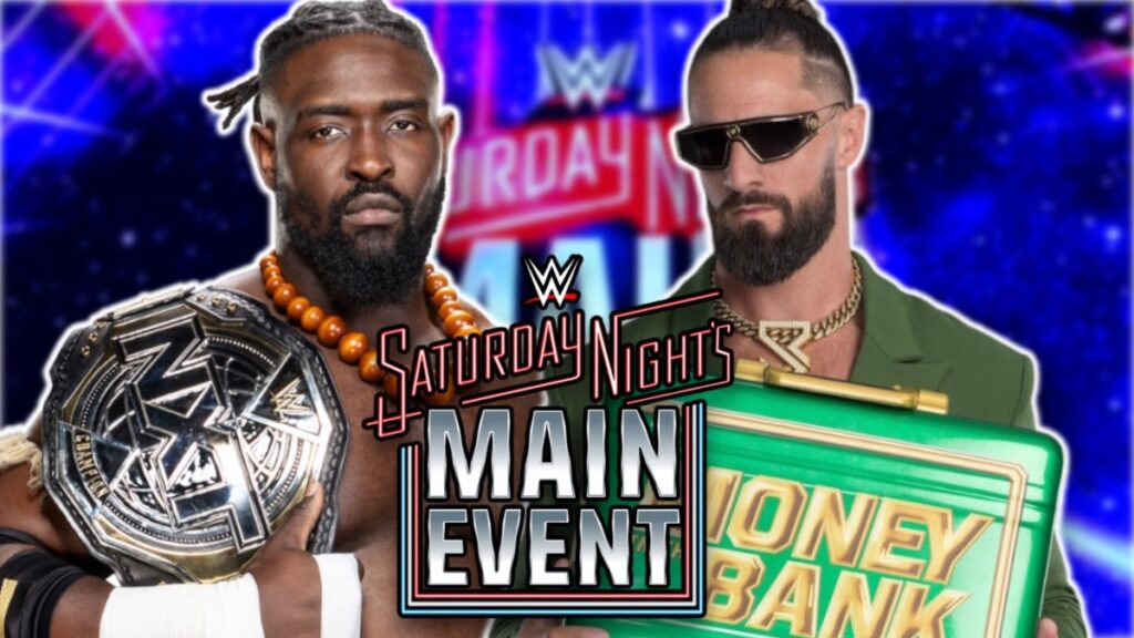WWE Saturday Night's Main Event logo with Oba Femi and Seth Rollins