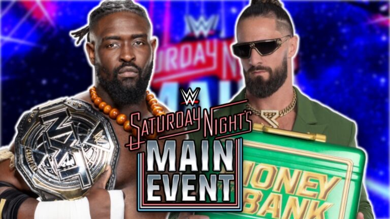 WWE Saturday Night's Main Event logo with Oba Femi and Seth Rollins