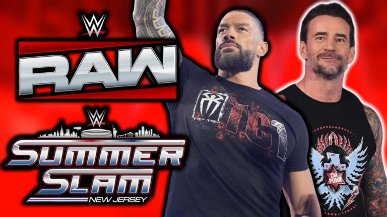 WWE Raw and SummerSlam logos, Roman Reigns and CM Punk