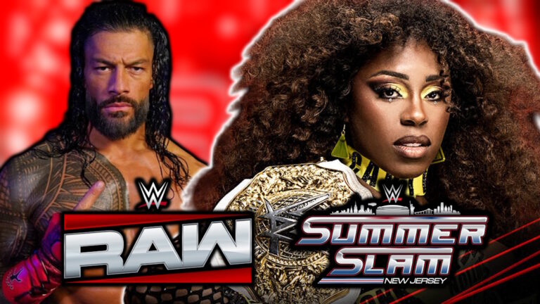 WWE Raw and SummerSlam logos, Roman Reigns and Naomi