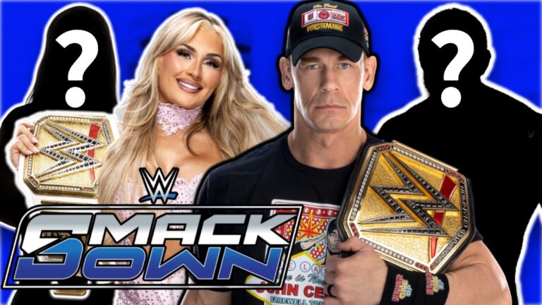 WWE SmackDown logo with John Cena and Tiffany Stratton