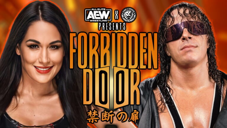 AEW Forbidden Door logo and WWE legends Brie Bella and Bret Hart