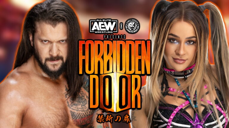 WWE stars Karrion Kross and Dakota Kai, and AEW Forbidden Door logo