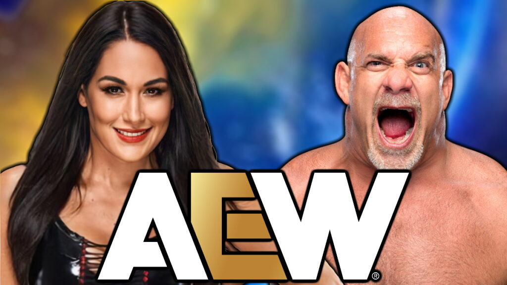 AEW logo and WWE legends Brie Bella & Goldberg