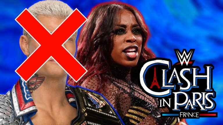 Cody Rhodes and Naomi with the WWE Clash in Paris logo